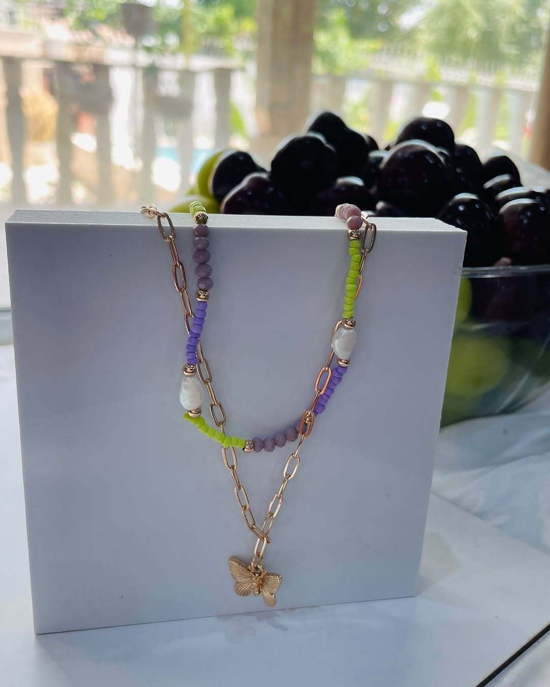 خرید گردنبند دو لاین  دخترانه مروارید پرورشی و پروانه